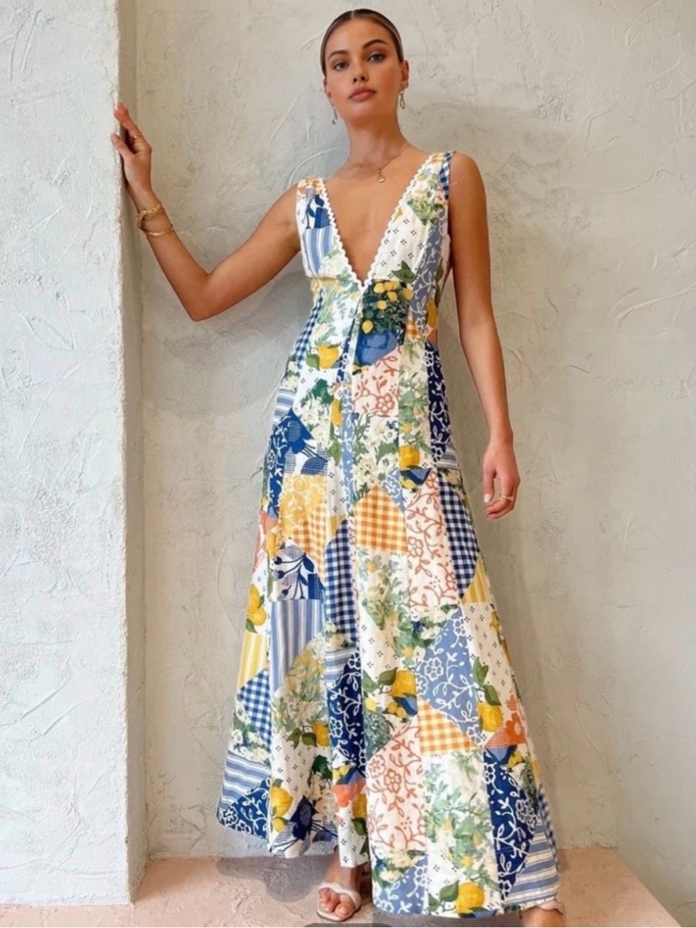 Commense Lemonade Patchwork  Maxi Dress - Blue, Yellow & White Deep-V neck - Picture 2 of 11